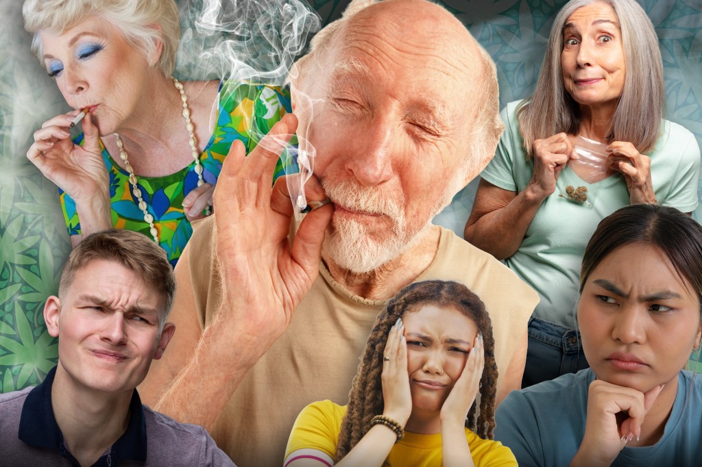 Illustration of older people smoking marijuana and younger people looking upset.