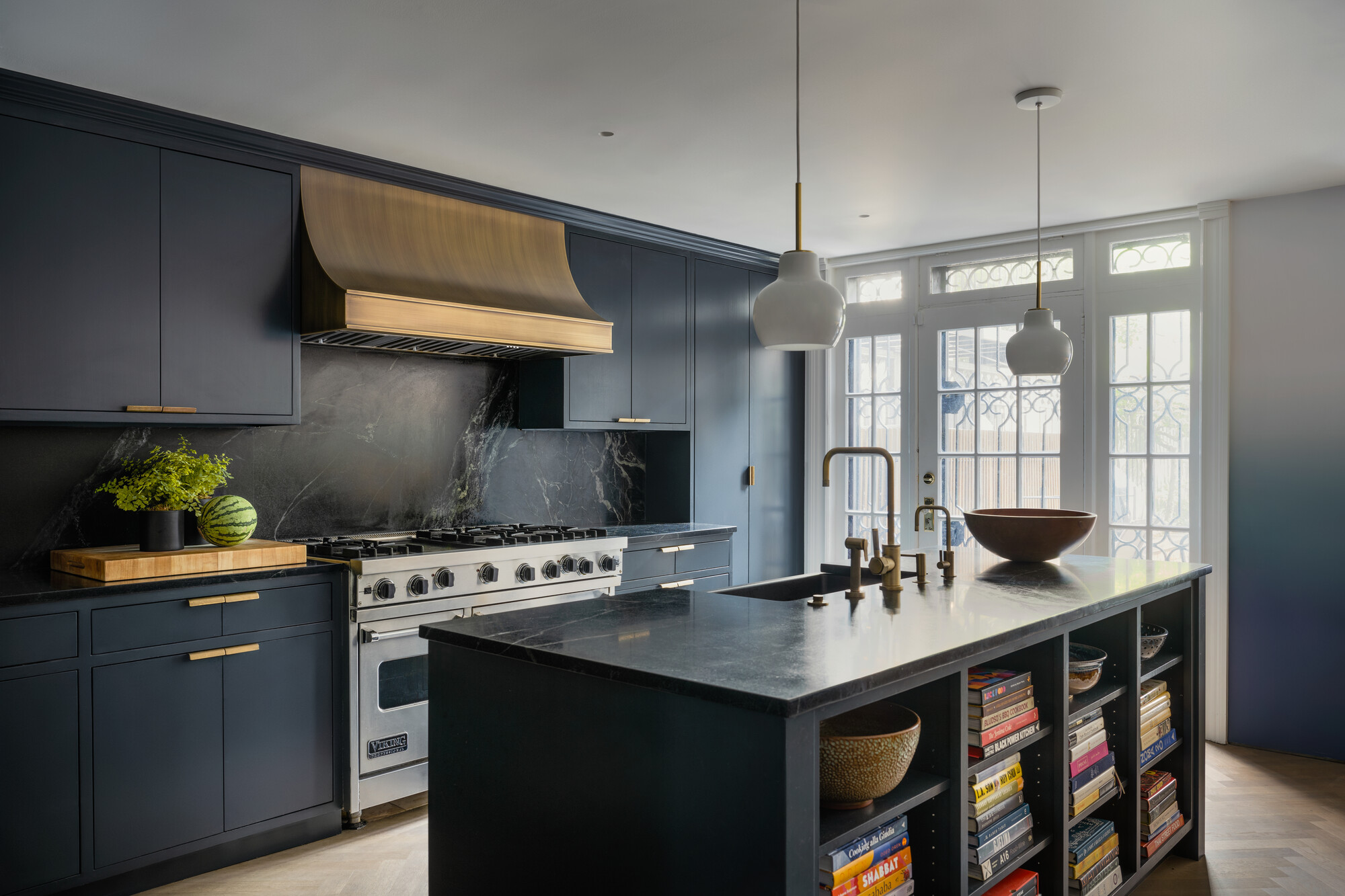 BLUE KITCHEN FRENCH DOORS TO GARDEN