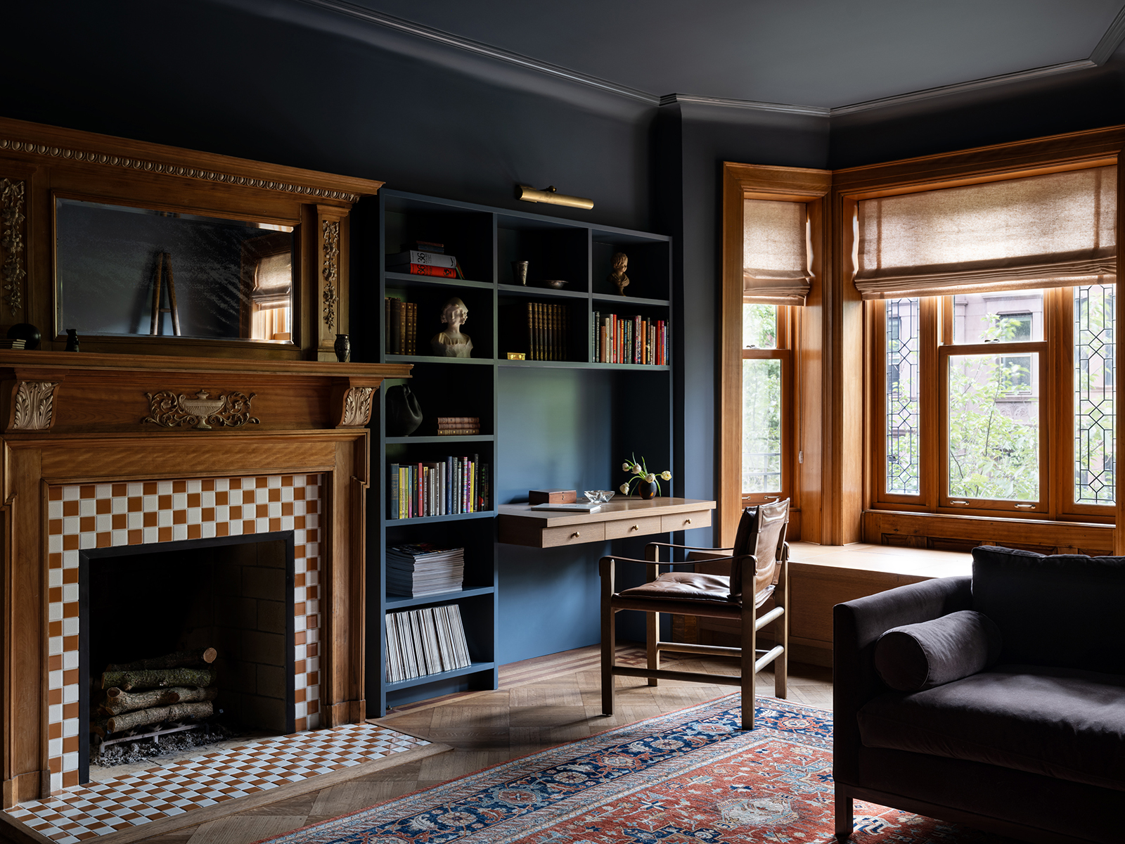 DARK BLUE STUDY CHECKERBOARD FIREPLACE BAY WINDOW