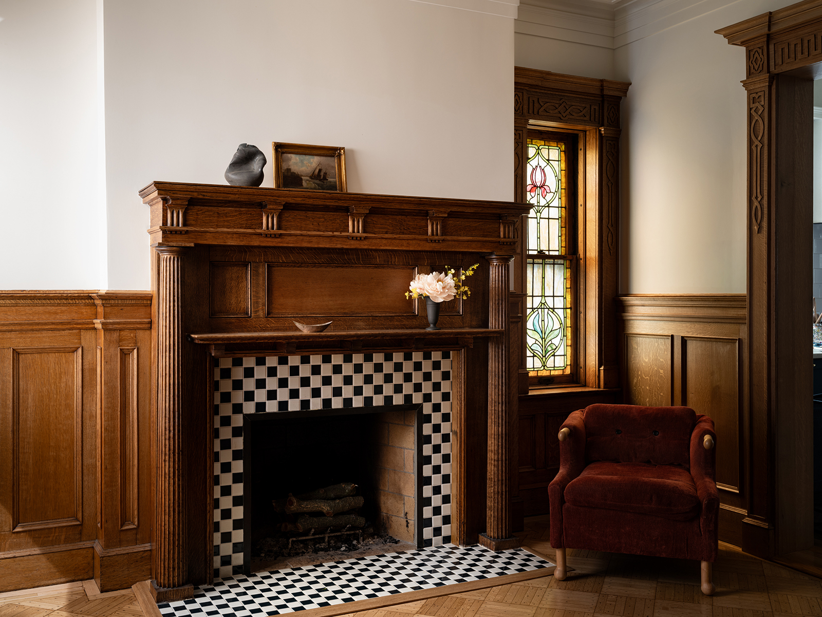 CHECKERBOARD FIREPLACE STAINED GLASS WINDOW