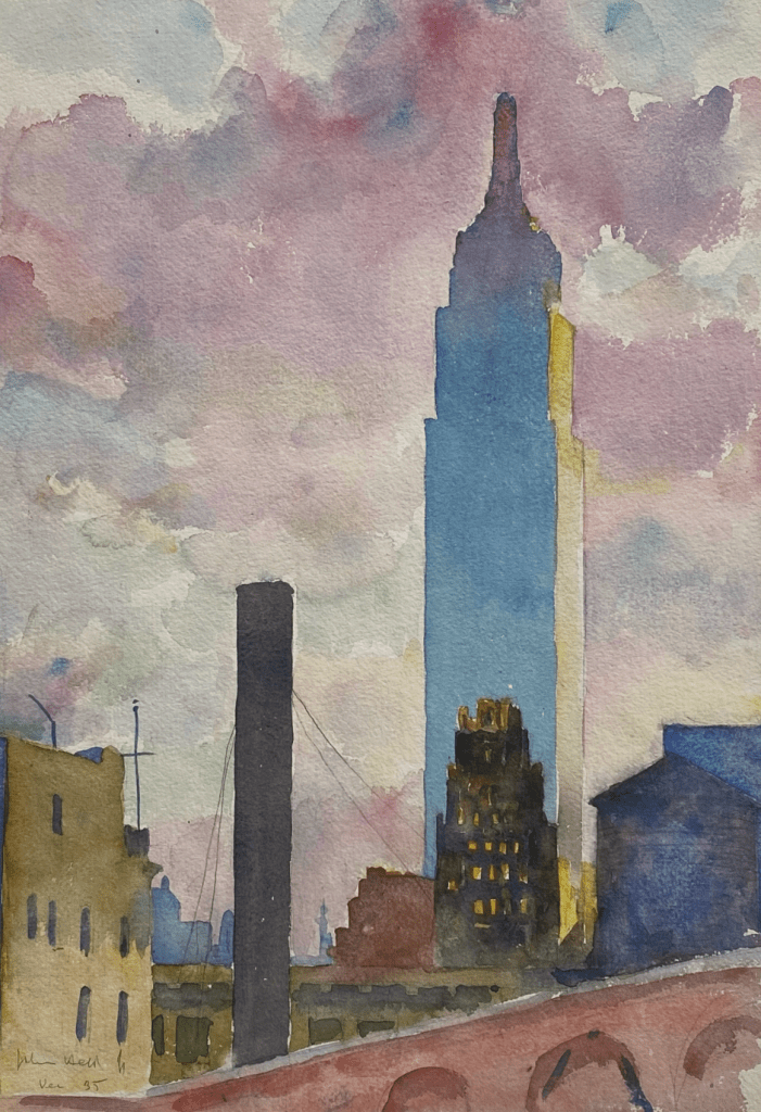 A watercolor painting depicting the Empire State Building silhouetted against a colorful sky with pink and blue hues, surrounded by city buildings and a smokestack in the foreground.