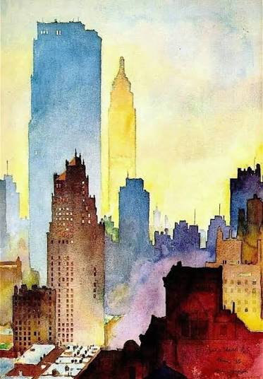 A watercolor painting of a city skyline at dawn, featuring tall buildings silhouetted against a soft yellow and blue sky, with the Empire State Building prominently illuminated.