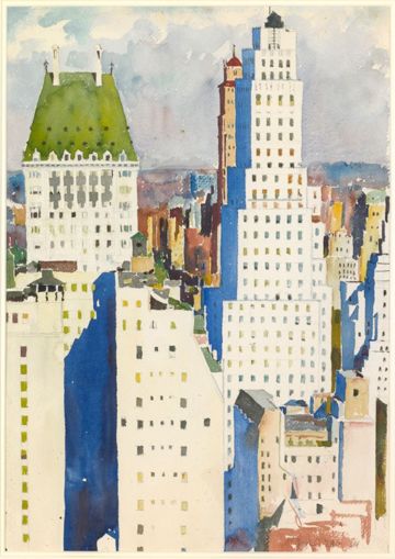 A watercolor painting depicting a city skyline with tall buildings, featuring a prominent structure with a green roof and others in varying shades of blue and white.