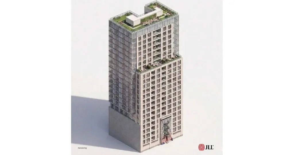 A rendering shows a planned development at the site in Kips Bay.