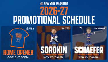 New York Islanders Promotional Giveaways Include Schaefer, Sorokin Bobbleheads; Exclusive Home Opener T-Shirt