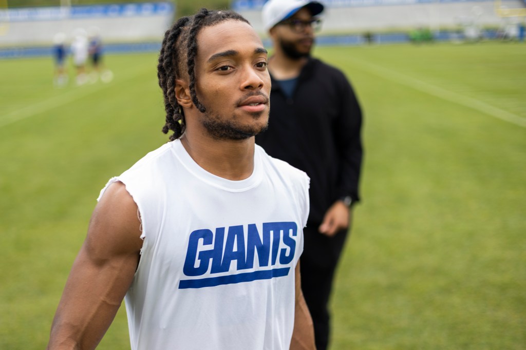 Calvin Austin III (82) of the New York Giants walks off the field during training camp.