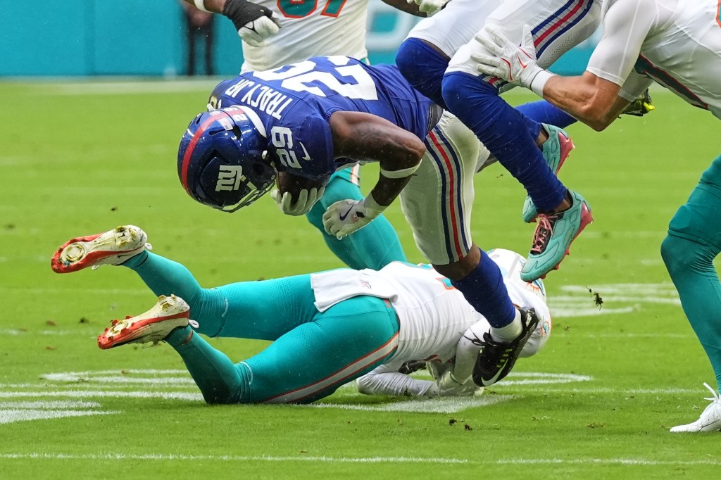 New York Giants running back Tyrone Tracy Jr. (29) running the ball during a preseason NFL football game.