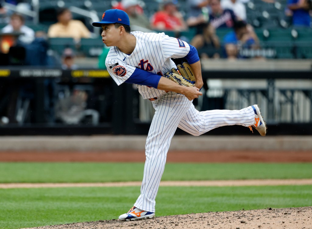 New York Mets pitcher Kodai Senga throws a pitch in the ninth inning.