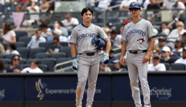 The game between the Toronto Blue Jays and the New York Yankees at Yankee Stadium in the Bronx, New ..