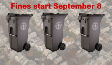 Three gray official NYC Trash Bins lined up and ready for collection. Fines start September 8.