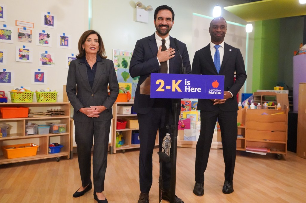 NYC Mayor Mamdani, NYS Gov. Kathy Hochul, and NYC Schools Chancellor Kamar H. Samuels speak at a press conference at BedRock Preschool in the Bronx.