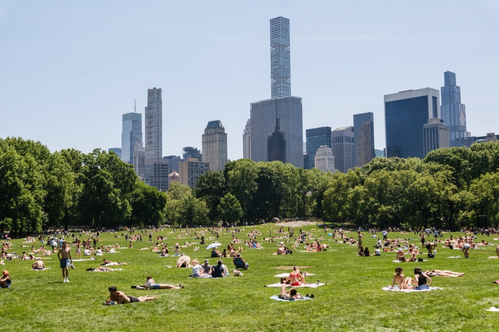 People relax in Central Park's Sheep Meadow on a hot day, with city skyscrapers in the background.