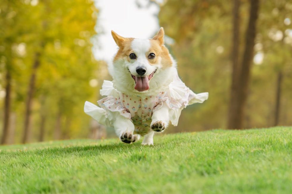 A happy dog wearing a costume runs in a park.