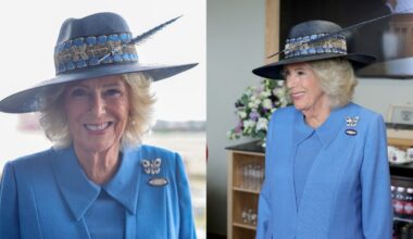 Queen Camilla wears Anna Valentine and Philip Treacy at the first day of the Ebor Festival at York Racecourse on Aug. 19, 2026 in York, England.