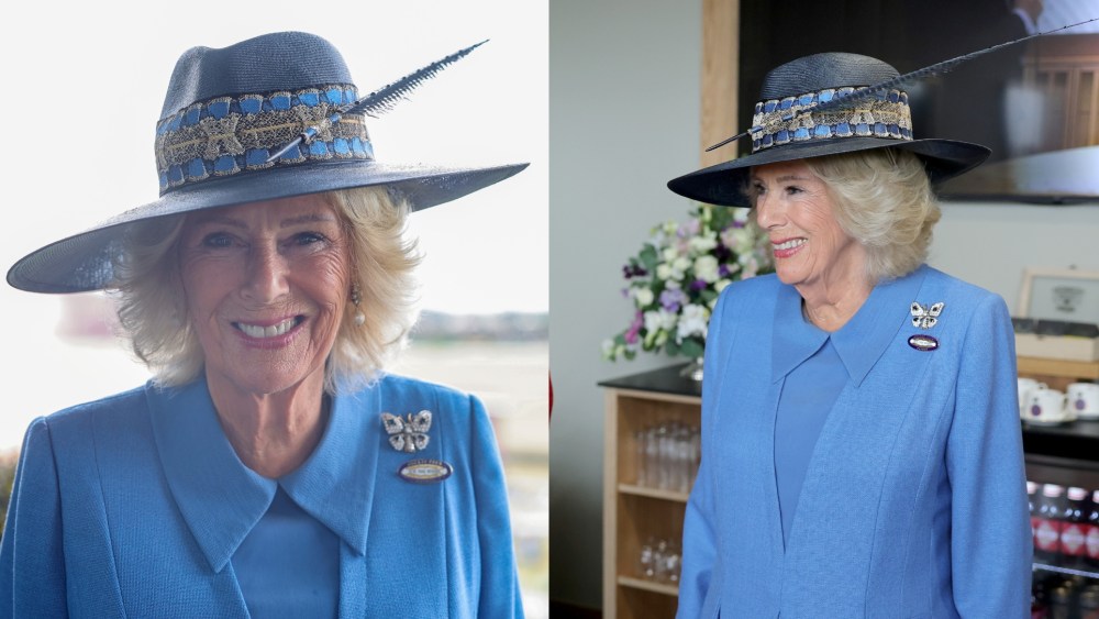 Queen Camilla wears Anna Valentine and Philip Treacy at the first day of the Ebor Festival at York Racecourse on Aug. 19, 2026 in York, England.