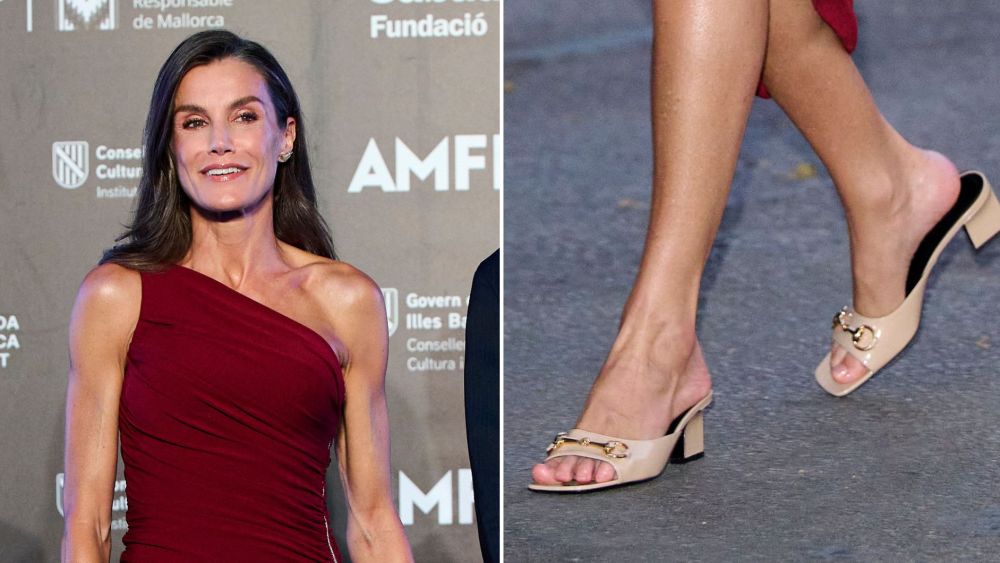 Queen Letizia wearing a pair of Gucci's Signora Slide Sandals in Beige Leather at the Atlàntida Mallorca Film Fest at La Misericordia Cultural Centre in Palma de Mallorca on Sunday.
