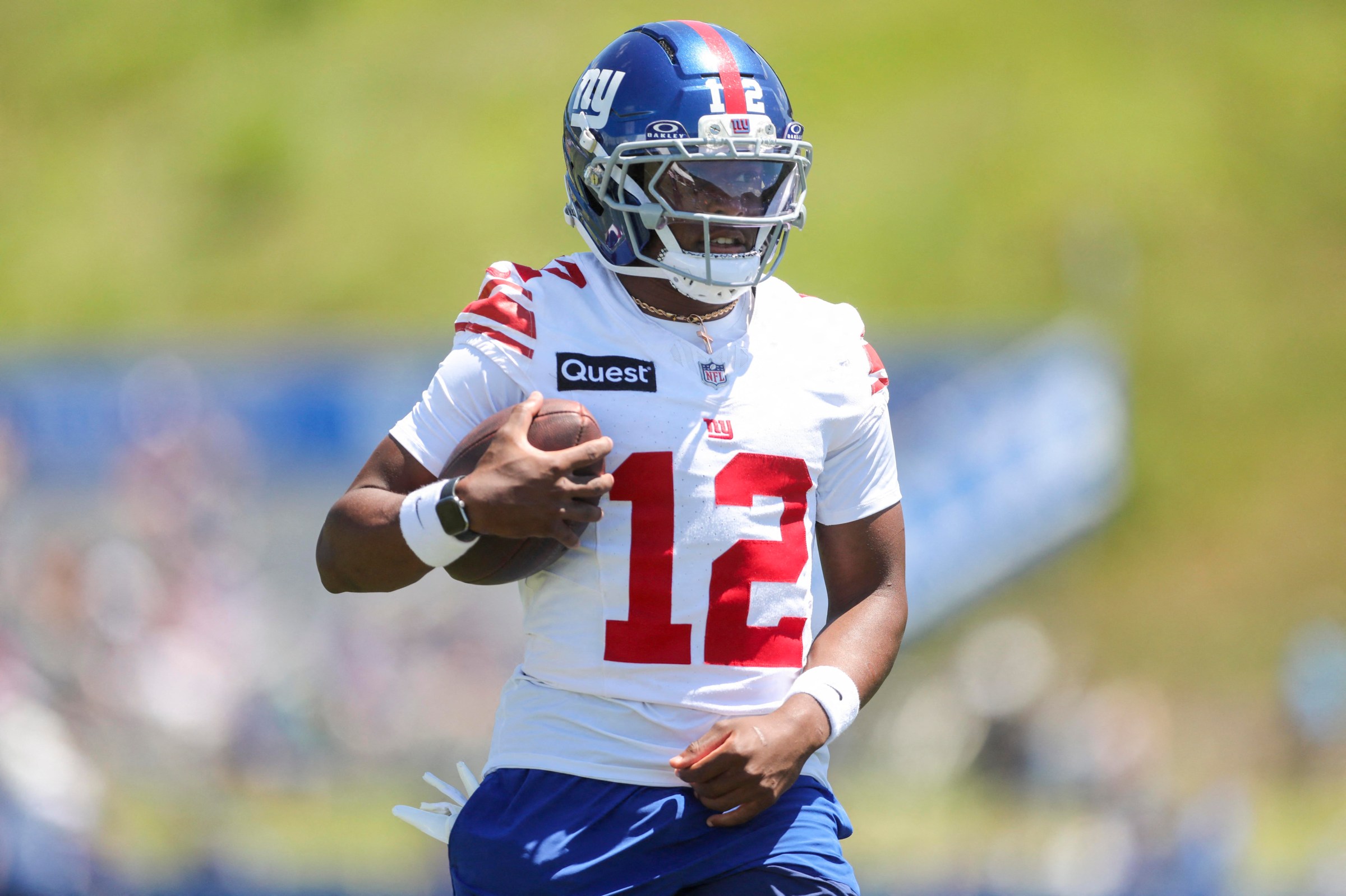 Jul 30, 2026; White Sulphur Springs, WV, USA; New York Giants cornerback Colton Hood (12) participates in a drill during training camp at The Greenbrier Resort Sports Performance Center. Mandatory Credit: Ben Queen-Imagn Images