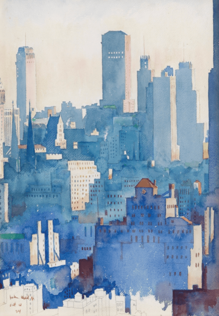 Watercolor painting of a city skyline featuring tall buildings in shades of blue and soft pastel colors.