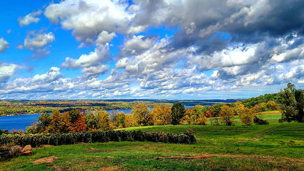 Fluffy clouds hang above grassy fields and colorful fall trees along the Seneca Lake Wine Trail
