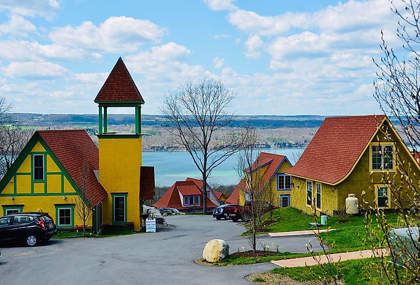 Colorful lakefront houses in Watkins Glen, New York