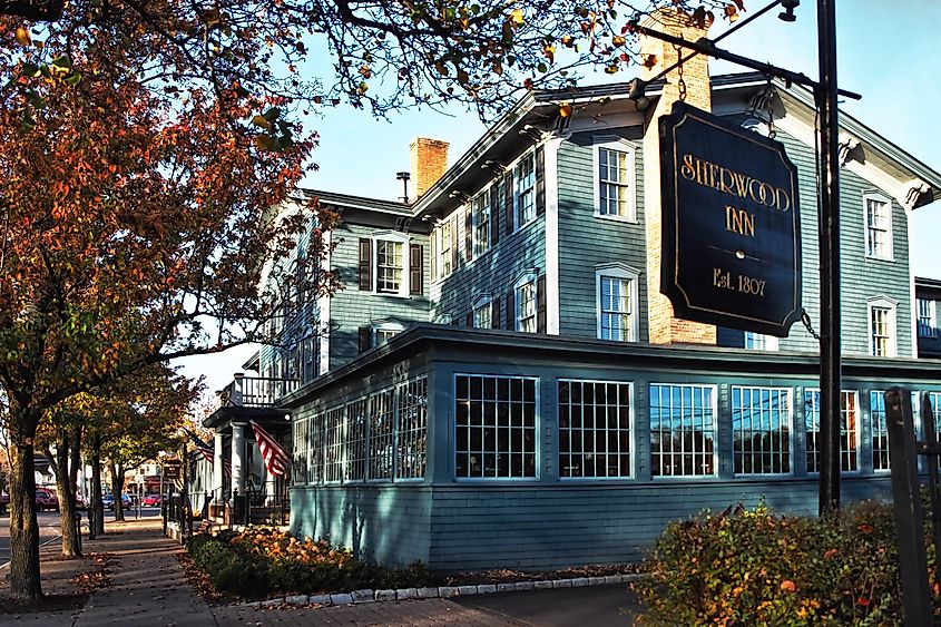 The outside of the Sherwood Inn, a historical landmark in Skaneateles, New York