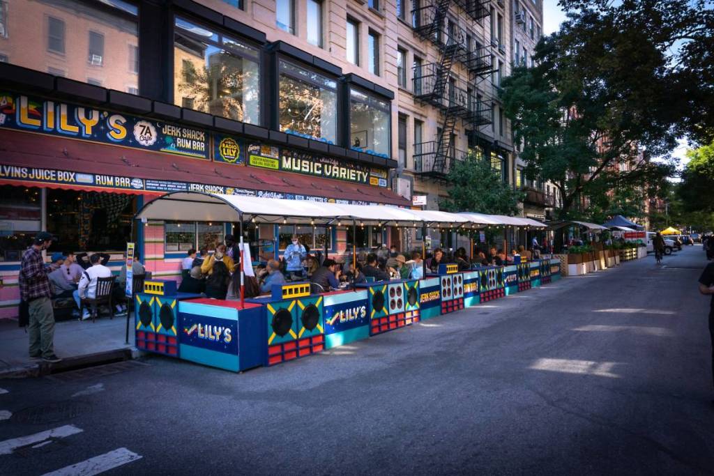busy outdoor restaurant in East Village, Manhattan. Covid outdoor dining