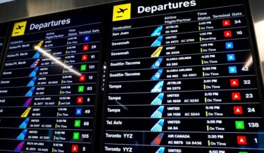 Flight delay board at Newark LIberty airport with lots of delays