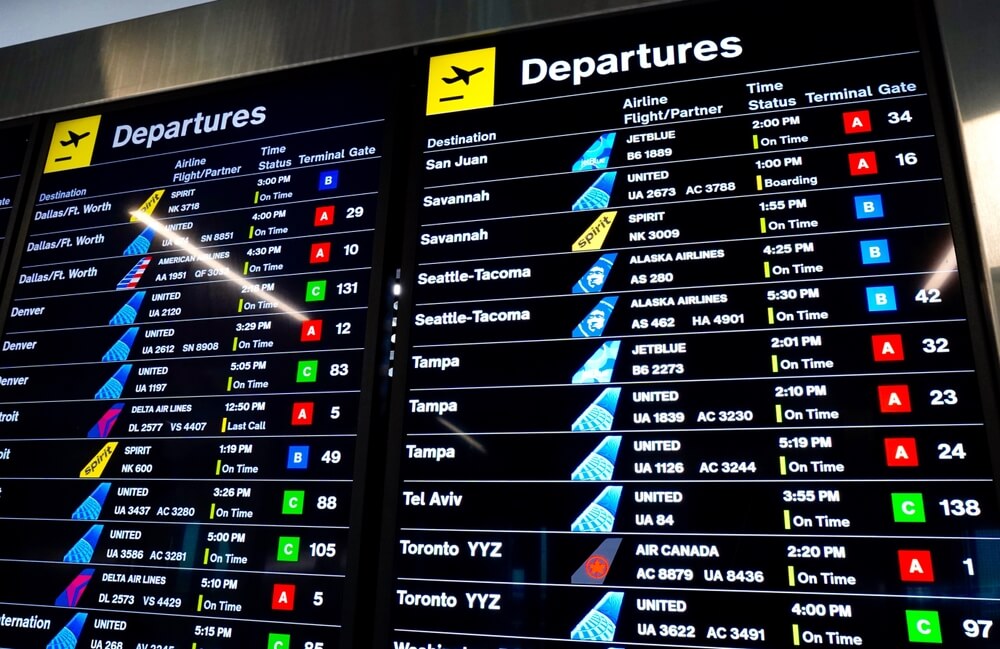 Flight delay board at Newark LIberty airport with lots of delays