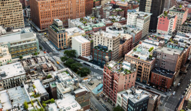 Aerial view of a city block with mid-rise buildings, tree-lined streets, intersections, and cars. Rooftops show various structures and greenery, characteristic of a nyc residential rental neighborhood. The scene has a mix of modern and older architecture.