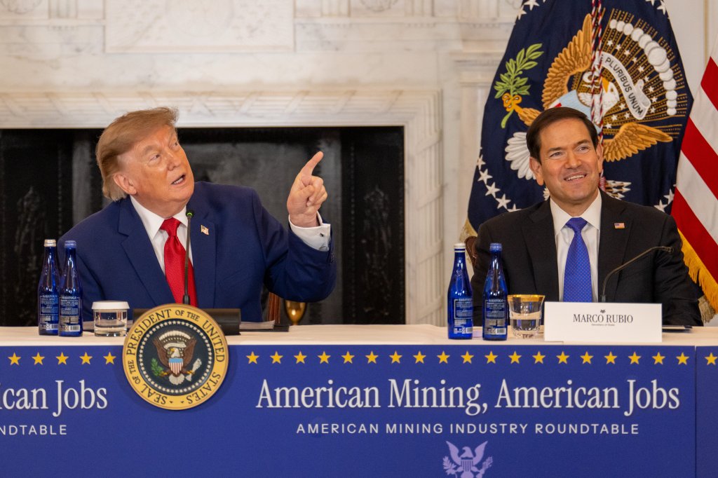 President Trump speaks at an American Mining Industry Roundtable while Secretary of State Marco Rubio looks on.