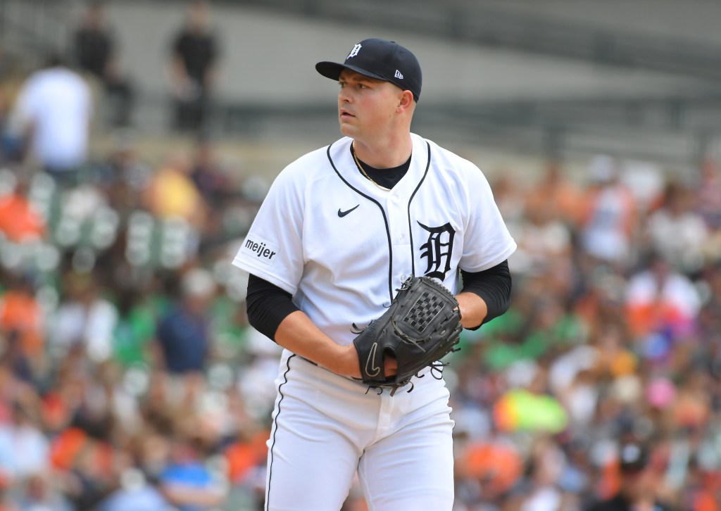 Tarik Skubal of the Detroit Tigers on the pitcher's mound.