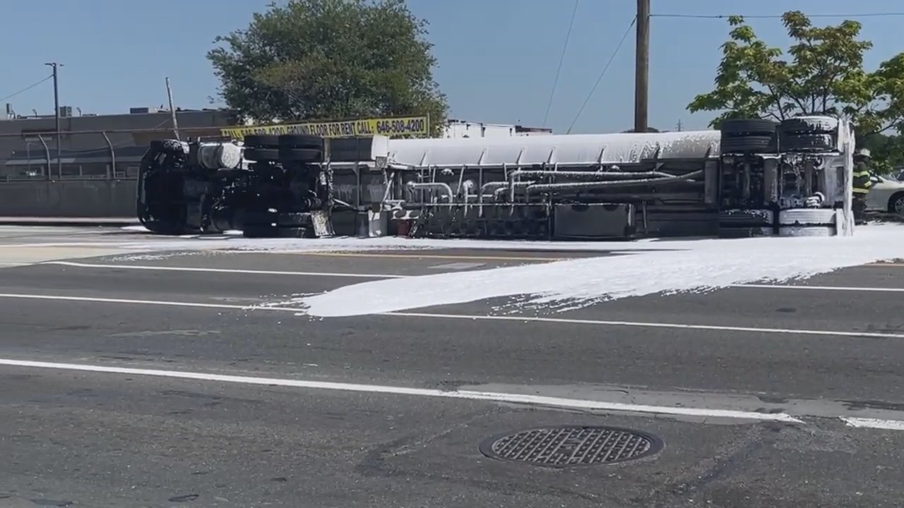 A fuel tanker overturned in Meadowmere, spilling approximately 2,000 gallons of gasoline onto Rockway Boulevard at East Avenue. 
