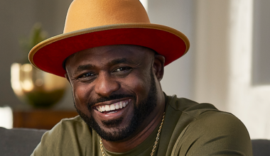 A man with a beard smiles while wearing a tan and orange wide-brimmed hat, a gold chain, and an olive green shirt, seated indoors.