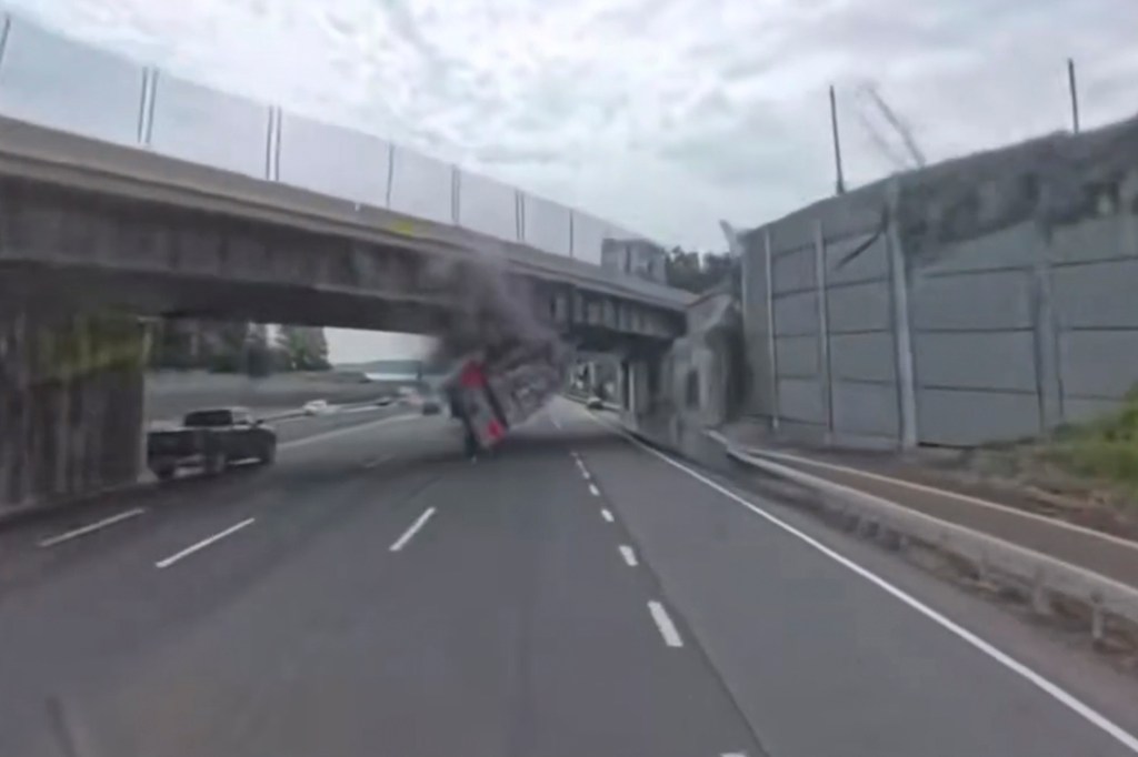 Dashcam video shows a tractor-trailer smashing into an overpass on I-87 in South Nyack, N.Y.