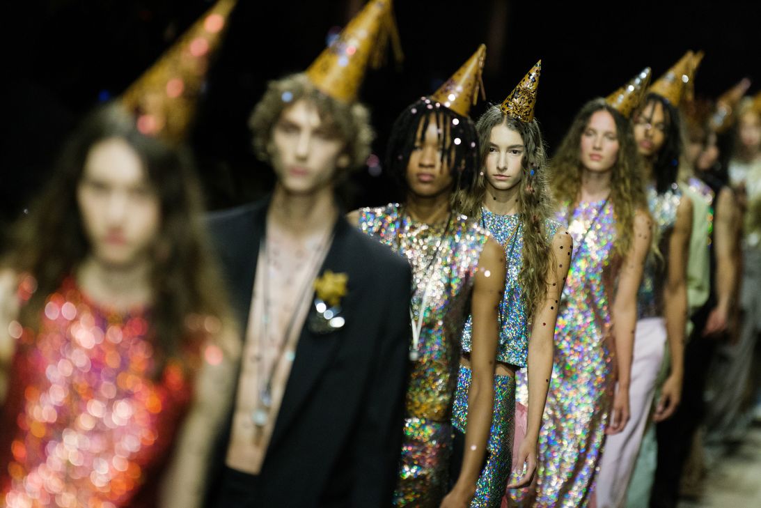 Coach adorned their models with sequin-embellished birthday hats to mark their 85th anniversary.