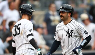 Aug 30, 2026; Bronx, New York, USA;  New York Yankees catcher Austin Wells (28) is congratulated by outfielder Cody Bellinger (35) after hitting a home run during the eighth inning against the Boston Red Sox at Yankee Stadium.  Mandatory Credit: Vincent Carchietta-Imagn Images