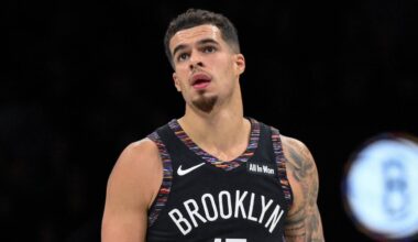 Dec 21, 2025; Brooklyn, New York, USA; Brooklyn Nets forward Michael Porter Jr. (17) reacts after making a shot against the Toronto Raptors during the first half at Barclays Center. Mandatory Credit: John Jones-Imagn Images