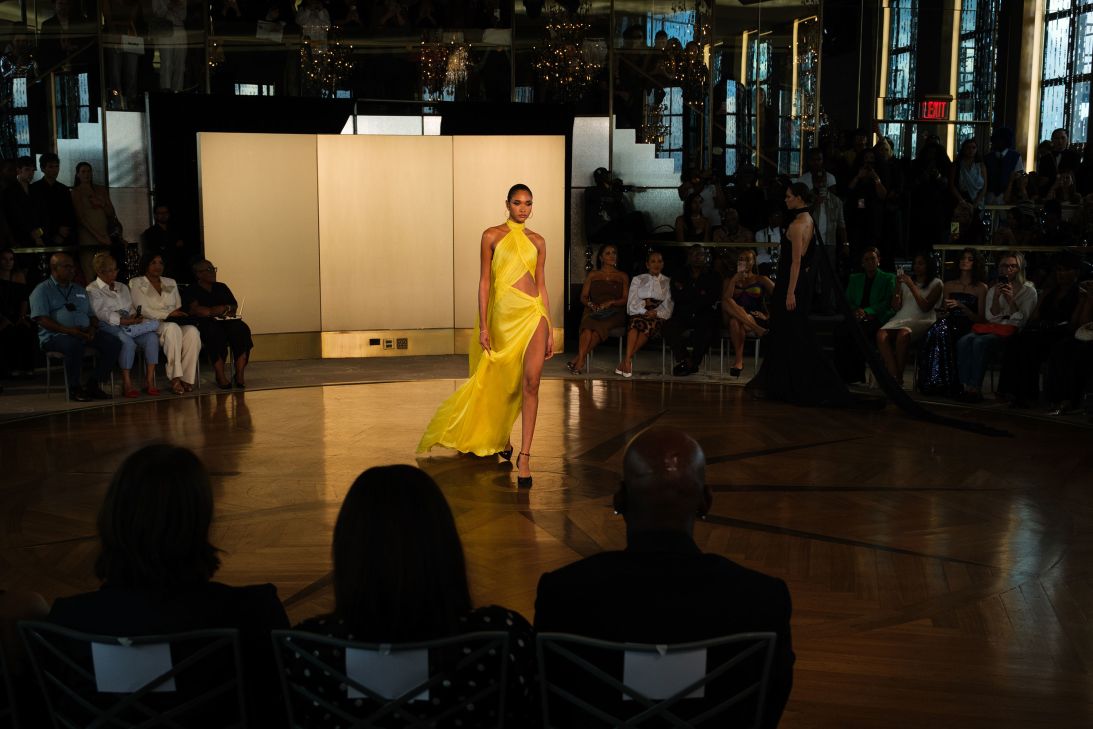 And a twirl of luxury lemon yellow at Sergio Hudson.