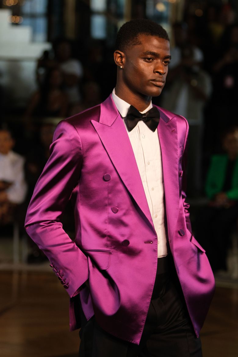 A pop of pink in tuxedo form at Sergio Hudson.