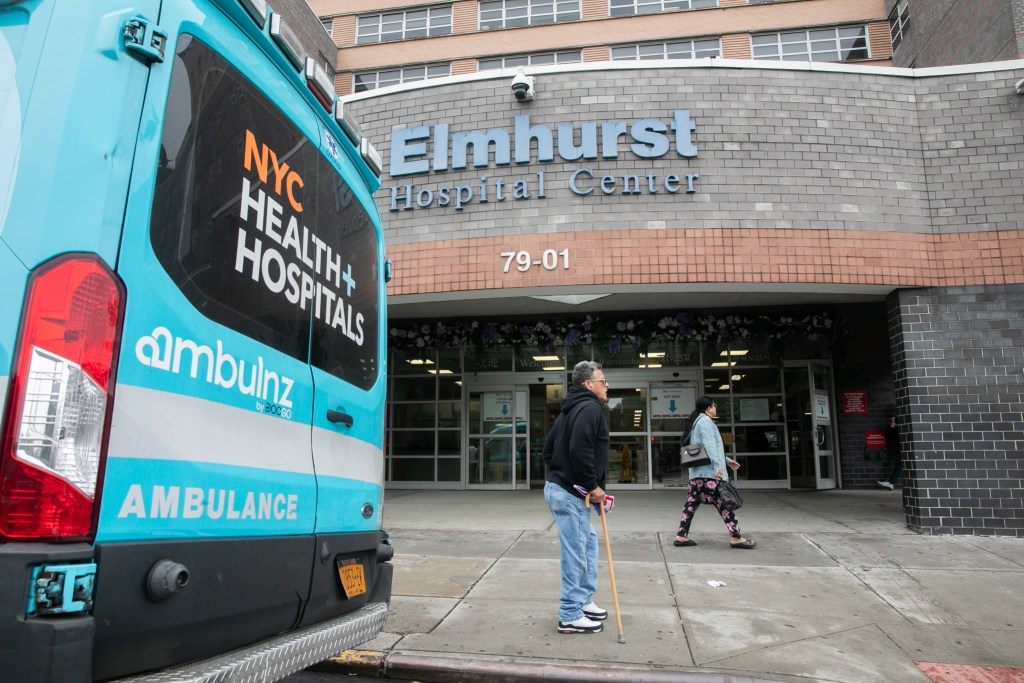 People enter and leave Elmhurst Hospital in Queens.