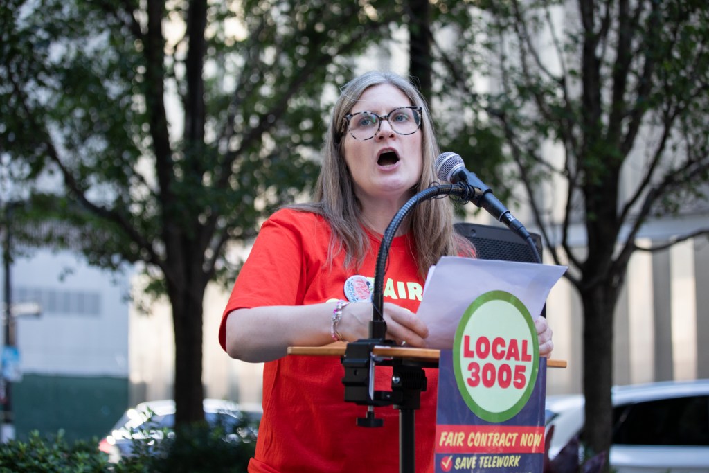 DC37 Local 3005 President Meghan Peterson speaks at a union contract rally at the World Trade Center about the role Department of Health workers play in preventing Legionnaires’ disease outbreaks,