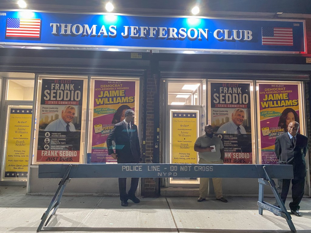 Brooklyn Democratic district leaders met inside the Thomas Jefferson Club in Mill Basin to vote on changing bylaws for electing the borough’s party chair,