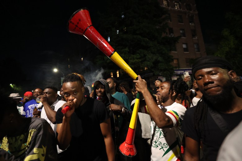 Street band Plezi Rara at the J’ouvert night, Sept 6, a prelude to the West Indian Day Parade in Brooklyn, N.Y., on Sept. 7. Photo by Bill Farrington for The Haitian Times. 
