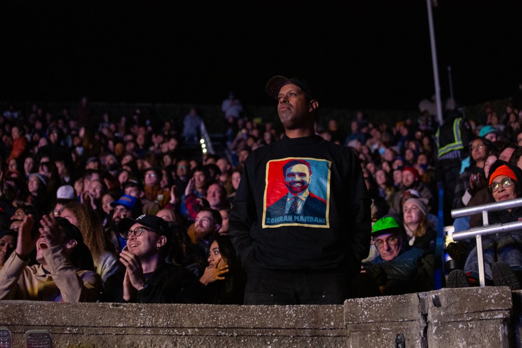 Thousands of Zohran Mamdani supporters packed the stands at Forest Hills stadium for a mayoral campaign rally, Oct. 26, 2025.