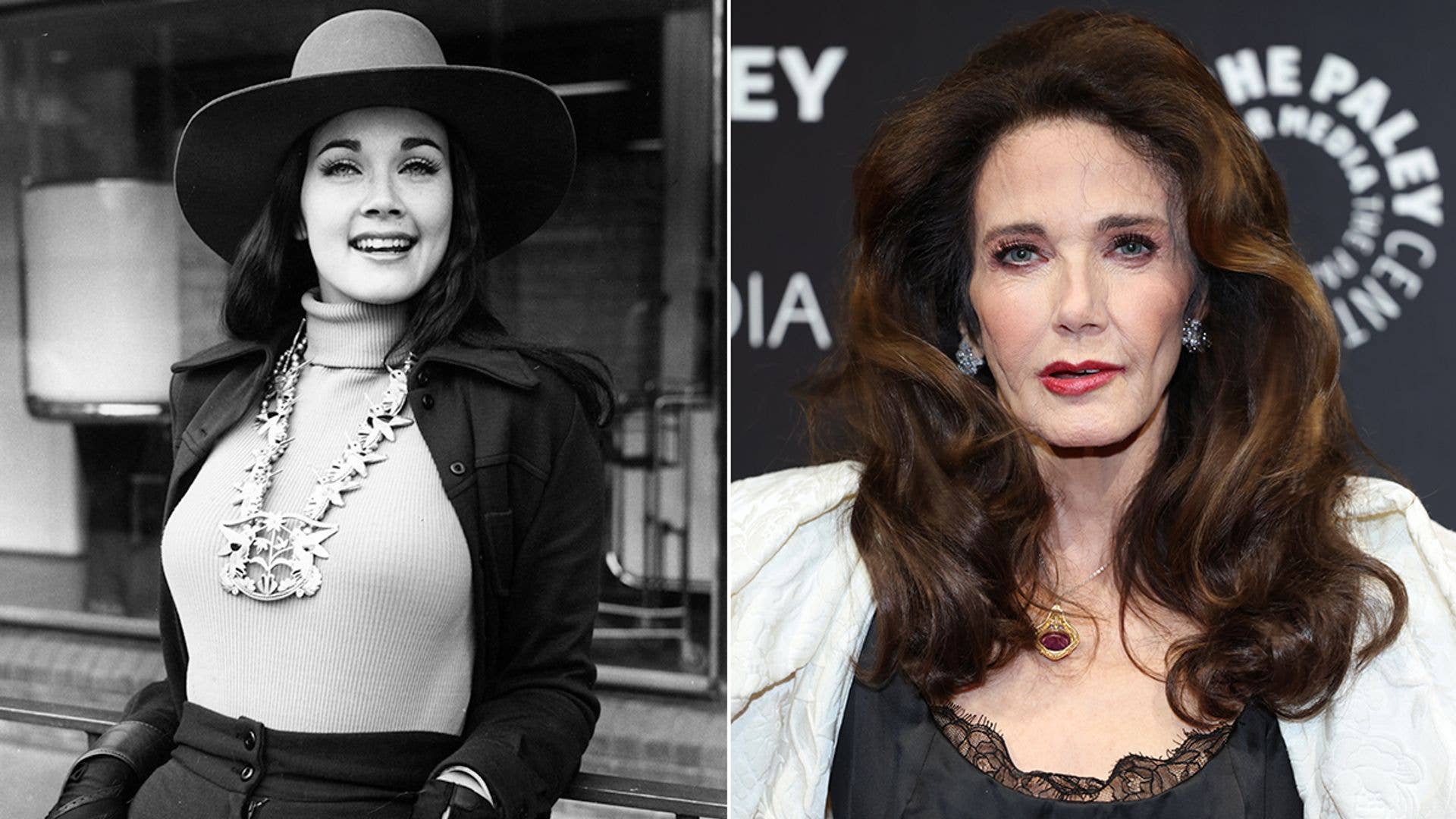Lynda Carter in two photos: one in vintage attire with a hat, another in modern black and white outfit.