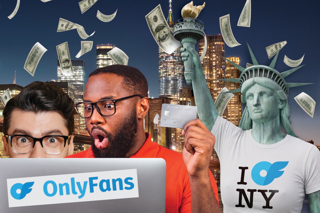 Collage of two men looking at an "OnlyFans" laptop, one holding a "Platinum Card", and a statue of Liberty in an "I OF NY" shirt with money falling around them.