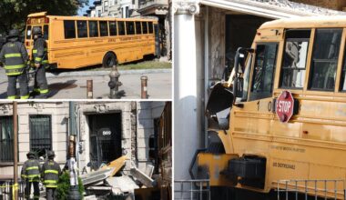 NYC yellow school bus slams into apartment building in dramatic morning rush scene