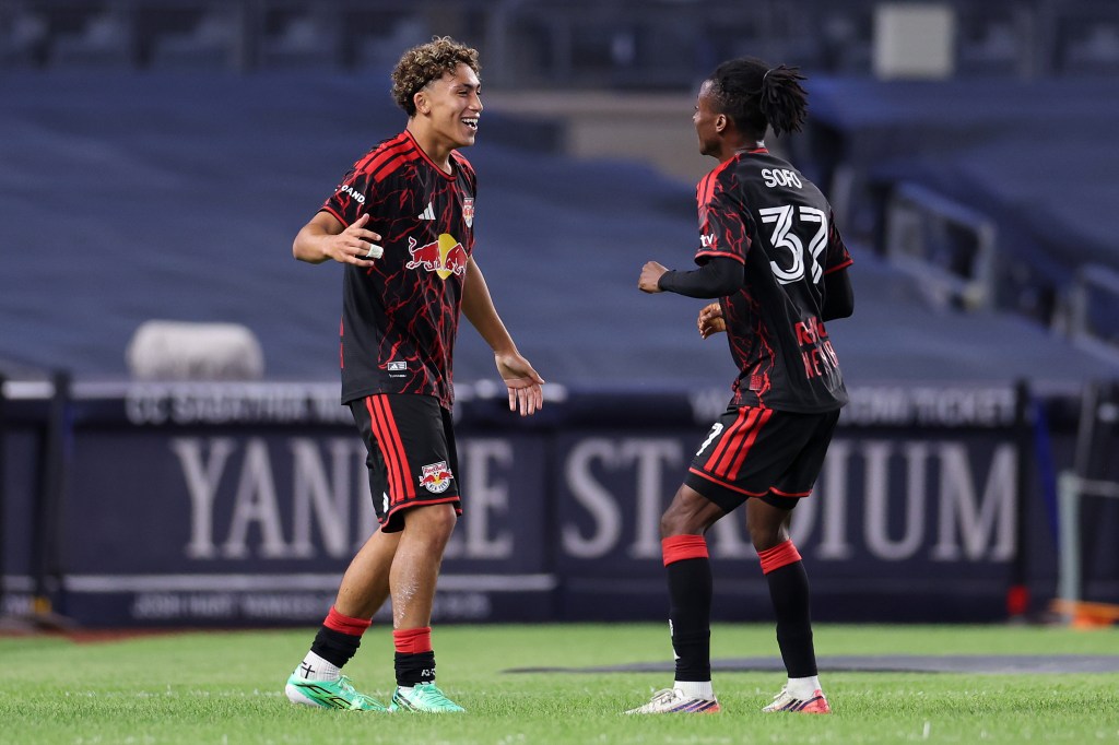 Julian Hall and Mohammed Sofo of the New York Red Bulls celebrate after a goal.