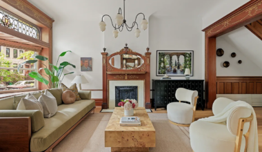 park slope parlor with mantel, woodwork, stained glass