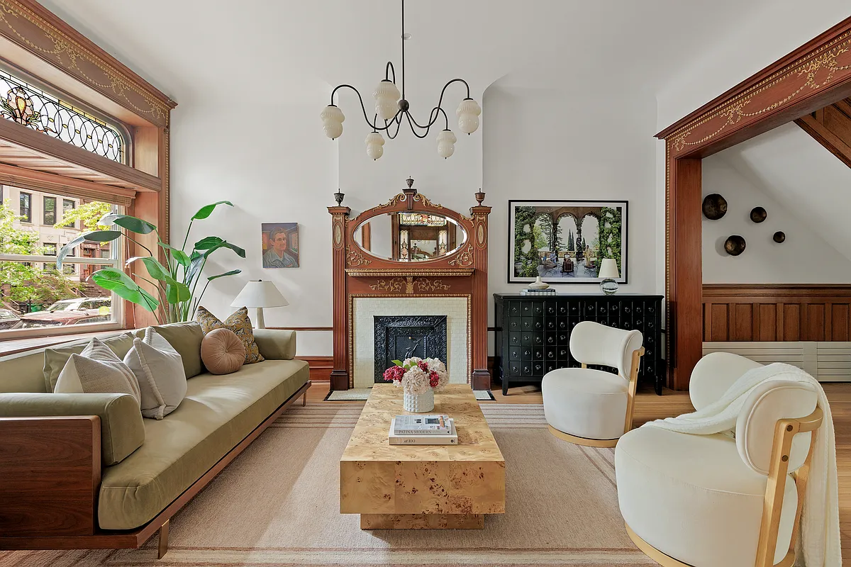 park slope parlor with mantel, woodwork, stained glass